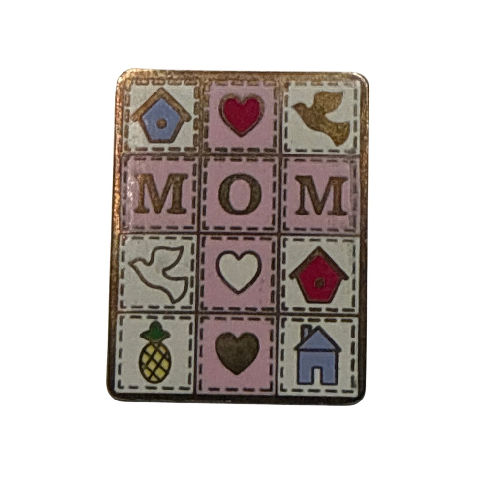 Valley Casting Vintage Mom Quilt Patchwork Enamel Lapel Pin Gold Tone Heart Bird